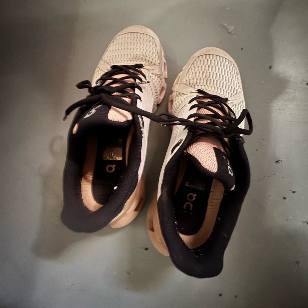 On Running Black and Cream Athletic Shoes